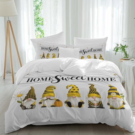 Sweet Home Duvet Cover Set Full Size, Vintage Abstract Cute Gnomes White Daisy Floral Honey Grey 4 Piece Bedding Set with Zipper Closure & Corner Ties Soft Breathable Comforter Cover for Bedroom