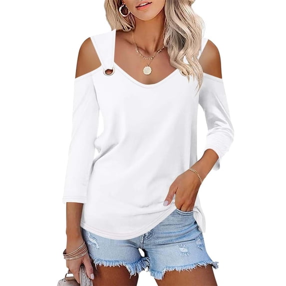 Sweet Home Farm 3/4 Sleeve T Shirts for Women Tops V Neck Casual Blouses Cold Shoulder Basic Tees Floral Print Tshirts V Neck T Shirts for Women White