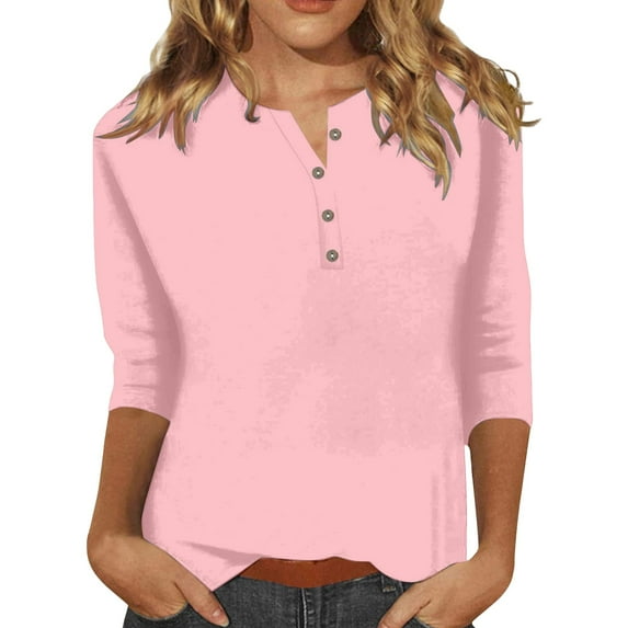 Sweet Home Farm 3/4 Sleeve T Shirts for Women Fashion Button Up Length Solid Color Shirt Top T Shirts for Women Pink