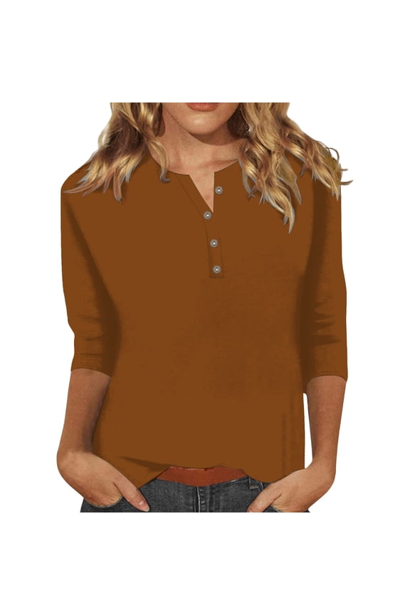 3/4 Sleeve T Shirts for Women Fashion Button Up Three Quarter Solid Color Shirt Top T Shirts for Women Brown