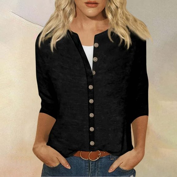 Sweet Home Farm 3/4 Sleeve T Shirts for Women Fashion Casual Solid Color Round Neck Three Quarter Button Top Shirt T Shirts for Women Black