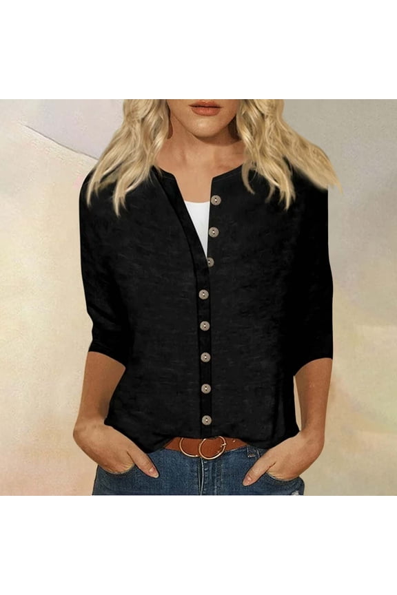 3/4 Sleeve T Shirts for Women Fashion Casual Solid Color Round Neck Three Quarter Button Top Shirt T Shirts for Women Black