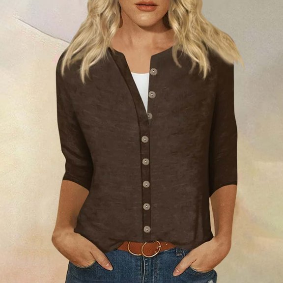 Sweet Home Farm 3/4 Sleeve T Shirts for Women Fashion Casual Solid Color Round Neck Three Quarter Button Top Shirt T Shirts for Women Brown