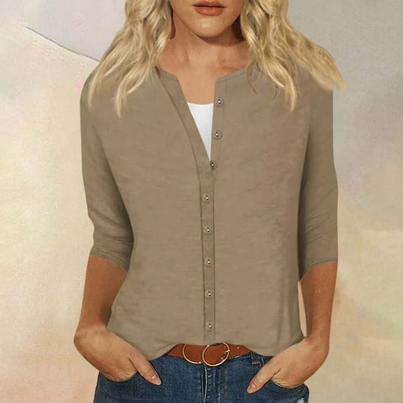 Sweet Home Farm 3/4 Sleeve T Shirts for Women Fashion Casual Solid Color Round Neck Three Quarter Button Top Shirt T Shirts for Women Khaki