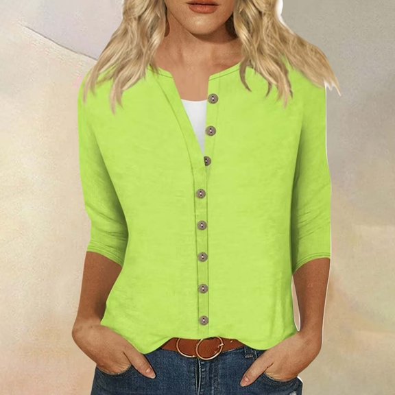 Sweet Home Farm 3/4 Sleeve T Shirts for Women Fashion Casual Solid Color Round Neck Three Quarter Button Top Shirt T Shirts for Women Mint Green