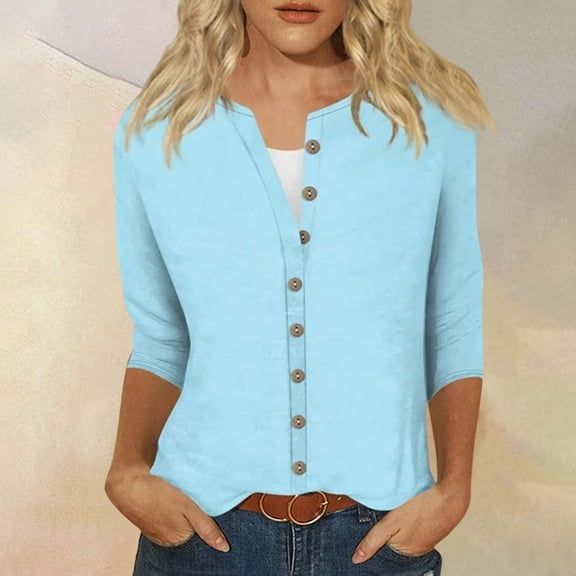Sweet Home Farm 3/4 Sleeve T Shirts for Women Fashion Casual Solid Color Round Neck Three Quarter Button Top Shirt T Shirts for Women Sky Blue