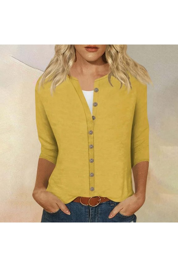 3/4 Sleeve T Shirts for Women Fashion Casual Solid Color Round Neck Three Quarter Button Top Shirt T Shirts for Women Yellow