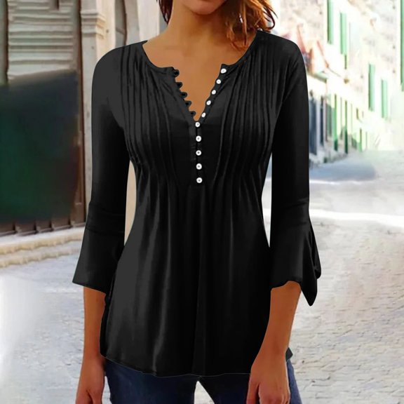 Sweet Home Farm 3/4 Sleeve T Shirts for Women Spring And Summer Seven Minutes Of Bell Pressed Pleated Solid Color Button V Neck T Shirts Black