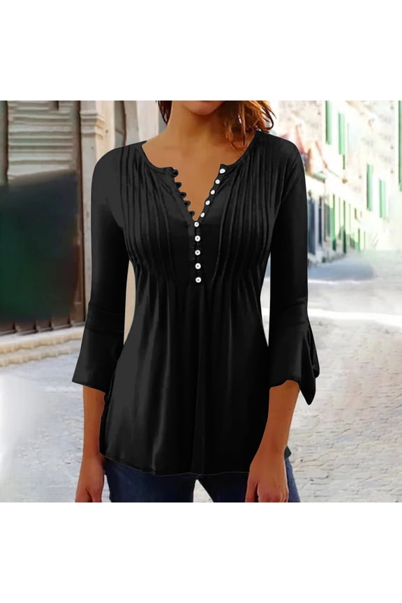 3/4 Sleeve T Shirts for Women Spring And Summer Seven Minutes Of Bell Pressed Pleated Solid Color Button V Neck T Shirts Black