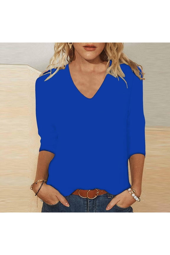 3/4 Sleeve T Shirts for Women Summer Solid V Neck Loose Casual Top V Neck T Shirts for Women Blue
