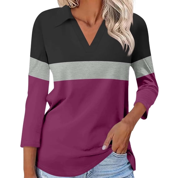 Sweet Home Farm 3/4 Sleeve T Shirts for Women Summer Striped Print Tops Collared Button Down Breathable Trendy Tunic V Neck White