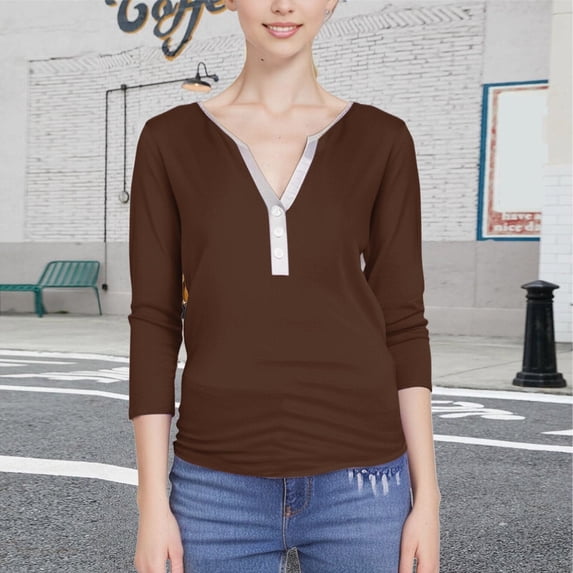 Sweet Home Farm 3/4 Sleeve T Shirts for Women Summer Tops Cute V Neck Length Blouses Dressy Loose Fit Tunics Graphic Tees Womens T Shirts Brown