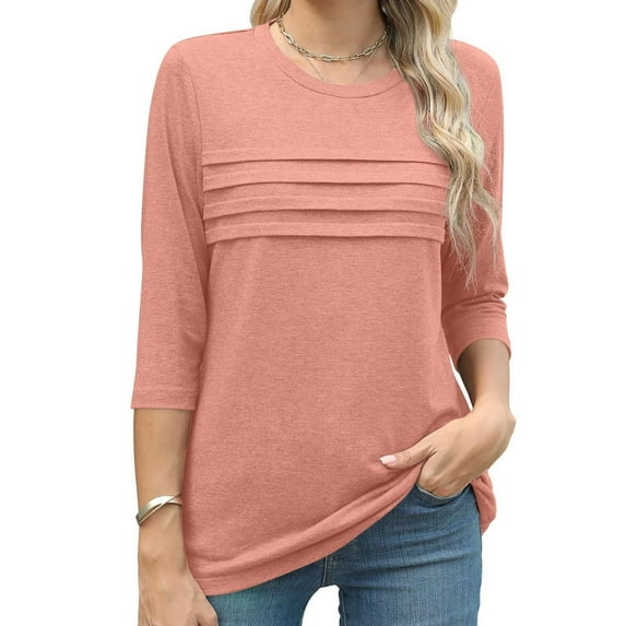 Sweet Home Farm 3/4 Sleeve T Shirts for Women Summer Tops Trendy 2025 Causal Length Tunic Loose Comfy Solid Crewneck Blouses T Shirts for Women Pink