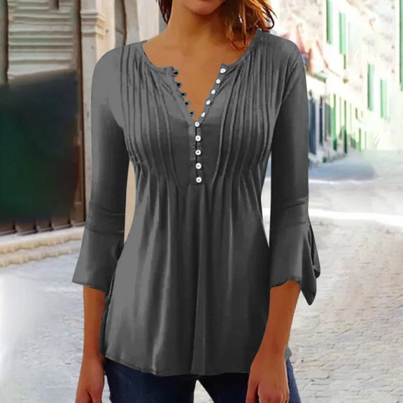 Sweet Home Farm 3/4 Sleeve T Shirts for Women Tops Summer Printed Top With Sleeves Blouse Short Shirt V Neck V Neck T Shirts for Women Dark Gray