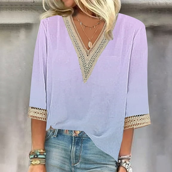 Sweet Home Farm 3/4 Sleeve T Shirts for Women V Neck Lace Edge Gradient Print Loose Seven Quarter Shirt V Neck T Shirts for Women Purple