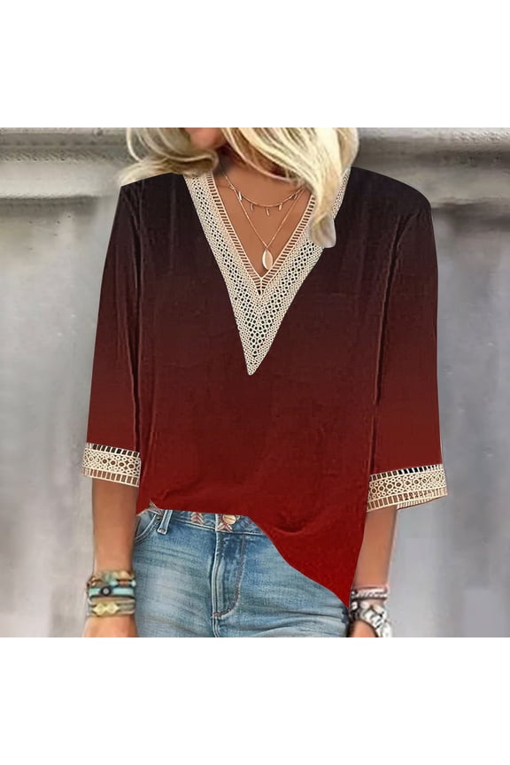 3/4 Sleeve T Shirts for Women V Neck Lace Edge Gradient Print Loose Seven Quarter Shirt V Neck T Shirts for Women Red