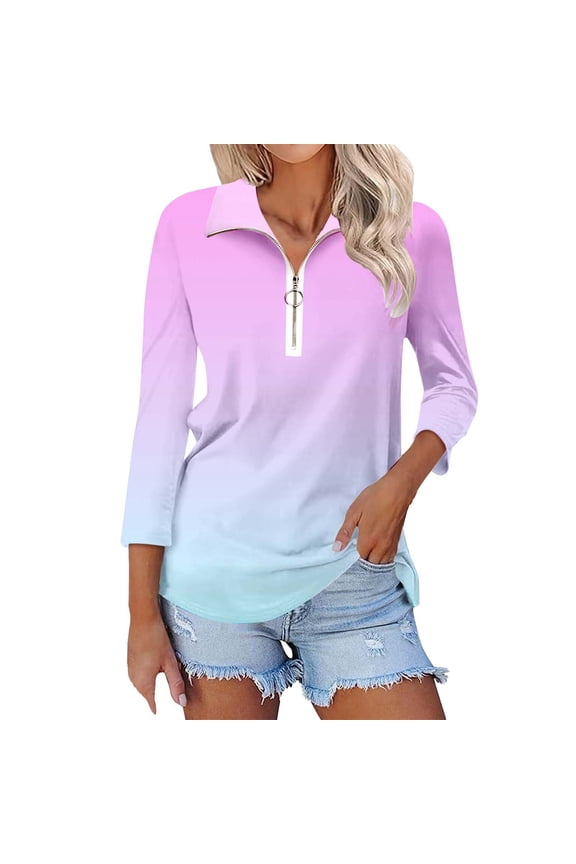 3/4 Sleeve T Shirts for Women V Neck Tops Quarter Zip Collared Summer Tees V Neck T Shirts for Women Hot Pink