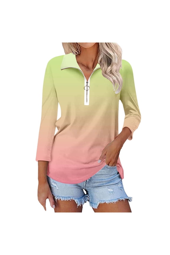 3/4 Sleeve T Shirts for Women V Neck Tops Quarter Zip Collared Summer Tees V Neck T Shirts for Women Pink
