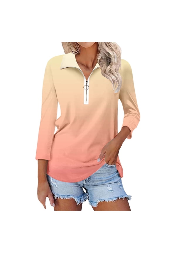3/4 Sleeve T Shirts for Women V Neck Tops Quarter Zip Collared Summer Tees V Neck T Shirts for Women Pink
