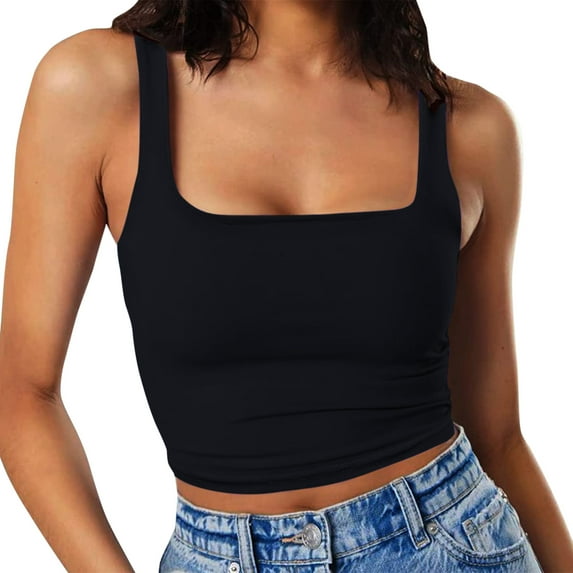 Sweet Home Farm Black Tank Top for Women Sleeveless Strappy O Neck Double Layer Workout Fitness Casual Crop Summer Tops XXL