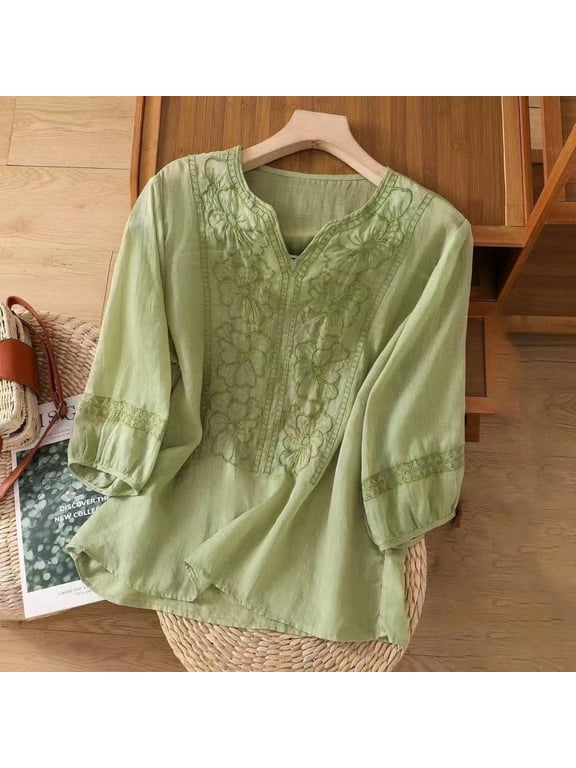 Green T Shirts for Women Boho Embroidered Tops V Neck 3/4 Sleeve Floral Tunic Tee Cotton Linen Summer Top XL