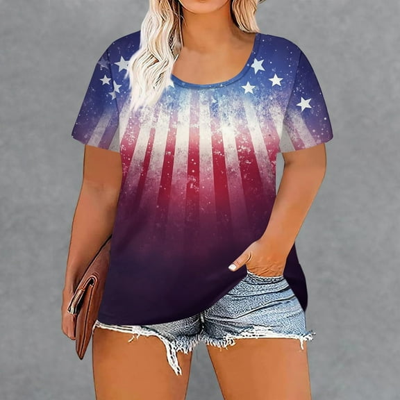Sweet Home Farm Patriotic Shirts for Women Plus Size Summer 2025 Funny 4th Of July T Shirt Stripes Print American Flag Tee Tops Short Sleeve Shirts Purple