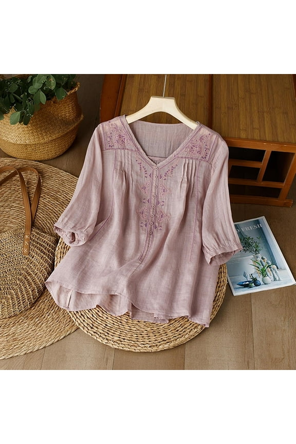 Purple T Shirts for Women 3/4 Sleeve Linen 2025 Cotton Retro Embroidered Boho Casual Vacation Summer Tops XXL