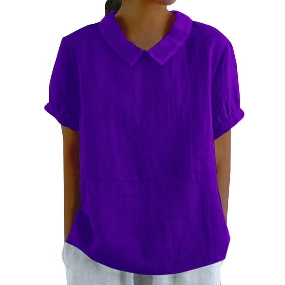 Sweet Home Farm Short Sleeve Shirts for Women Autumn Lapel Art Solid Color Round Neck Button Loose Pullover Top Casual Shirt T T Shirts for Women Blue