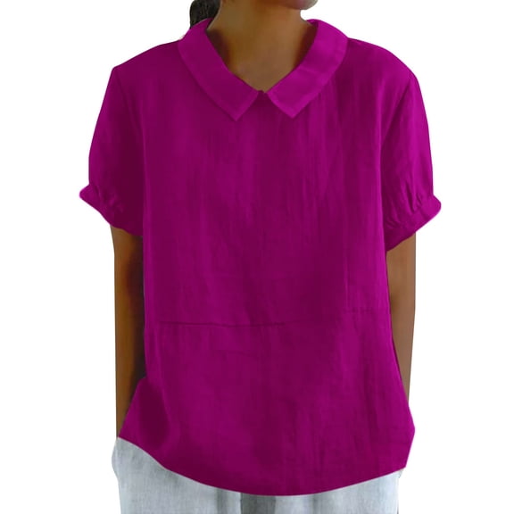 Sweet Home Farm Short Sleeve Shirts for Women Autumn Lapel Art Solid Color Round Neck Button Loose Pullover Top Casual Shirt T T Shirts for Women Hot Pink