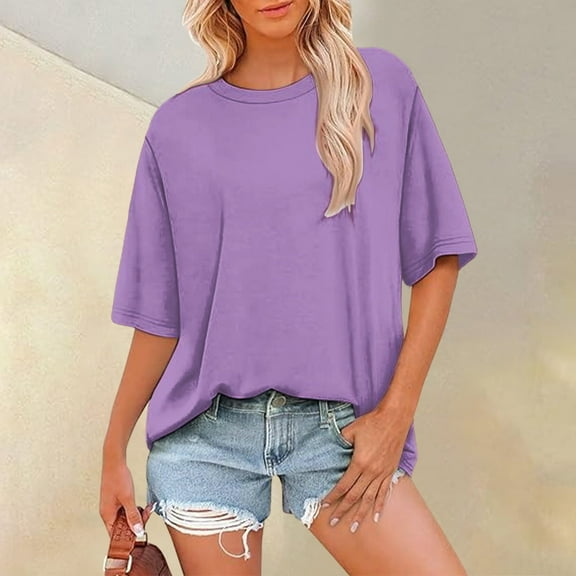 Sweet Home Farm Short Sleeve Shirts for Women Summer Tops Crewneck Oversized T Trendy Solid/Flower Printed Beach Vacation Clothes T Shirts for Women Purple