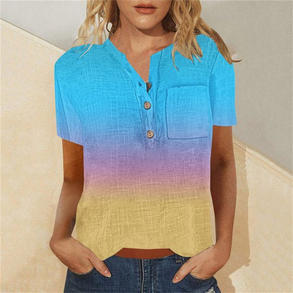 Sweet Home Farm Short Sleeve Shirts for Women Tops Summer Fashion Casual Trendy Printed Tee Shirt Neckline Pocket T Ladies Blouses T Shirts for Women Sky Blue