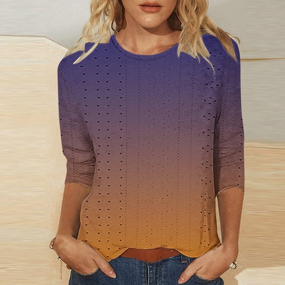 Sweet Home Farm Short Sleeve Shirts for Women 2025 Summer Casual Crew Neck Hollowed Out Shirt A Third Of The Length Top T Shirts for Women Purple