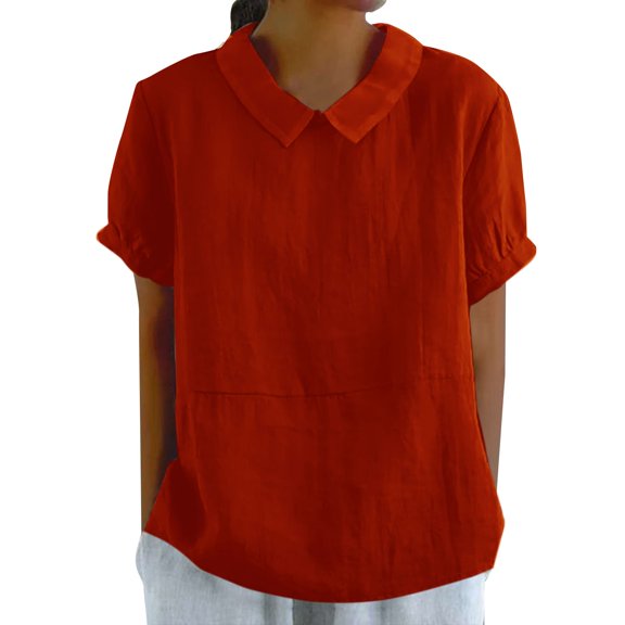 Sweet Home Farm Short Sleeve Shirts for Women Autumn Lapel Art Solid Color Round Neck Button Loose Pullover Top Casual Shirt T T Shirts for Women Red