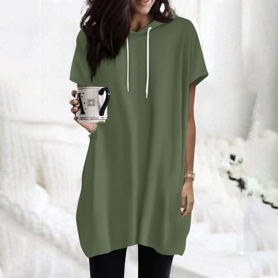 Sweet Home Farm Short Sleeve Shirts for Women Fashion Solid Color Hooded Long Top T Shirts for Women Army Green