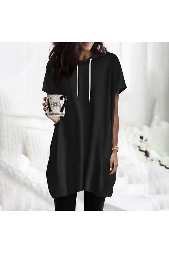 Short Sleeve Shirts for Women Fashion Solid Color Hooded Long Top T Shirts for Women Black