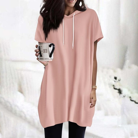 Sweet Home Farm Short Sleeve Shirts for Women Fashion Solid Color Hooded Long Top T Shirts for Women Pink