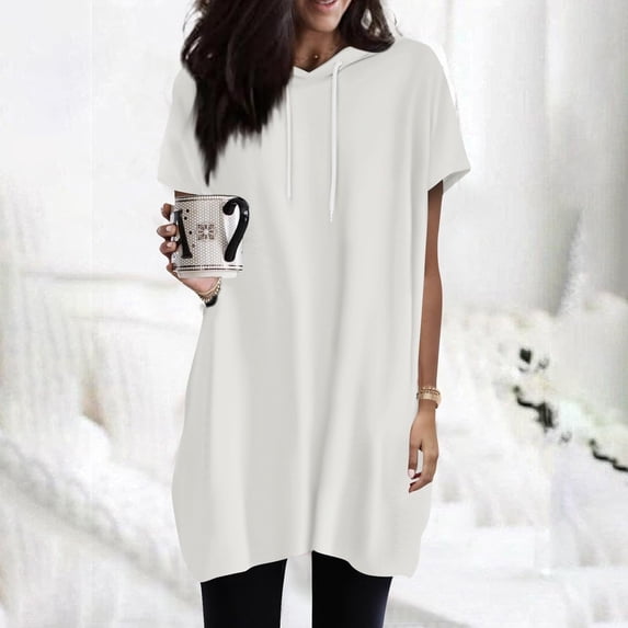 Sweet Home Farm Short Sleeve Shirts for Women Fashion Solid Color Hooded Long Top T Shirts for Women White