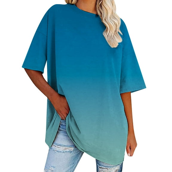 Sweet Home Farm Short Sleeve Shirts for Women Lady's Summer Sleeved Two Color Gradient Round Neck Loose T Shirt T Shirts for Women Blue