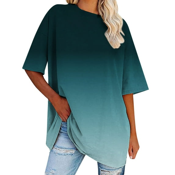Sweet Home Farm Short Sleeve Shirts for Women Lady's Summer Sleeved Two Color Gradient Round Neck Loose T Shirt T Shirts for Women Green