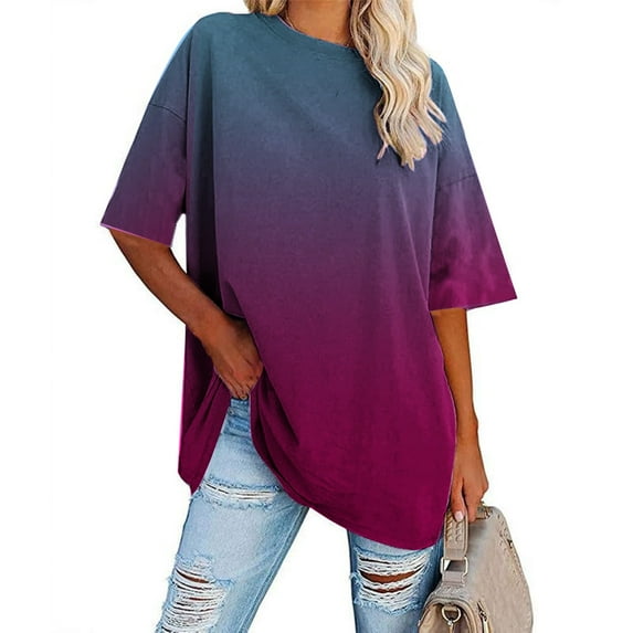 Sweet Home Farm Short Sleeve Shirts for Women Lady's Summer Sleeved Two Color Gradient Round Neck Loose T Shirt T Shirts for Women Hot Pink