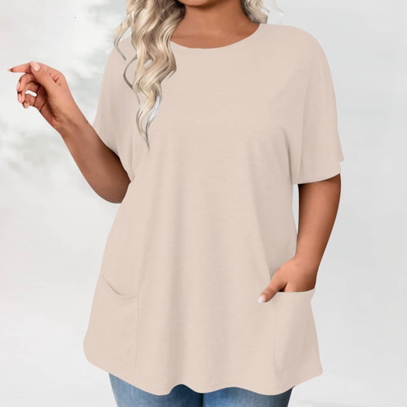 Sweet Home Farm Short Sleeve Shirts for Women Plus Size Tops Summer Petal Casual Tshirts Tunic Blouses T Shirts for Women Beige