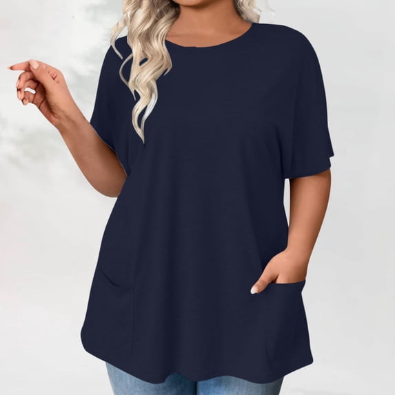 Sweet Home Farm Short Sleeve Shirts for Women Plus Size Tops Summer Petal Casual Tshirts Tunic Blouses T Shirts for Women Dark Blue