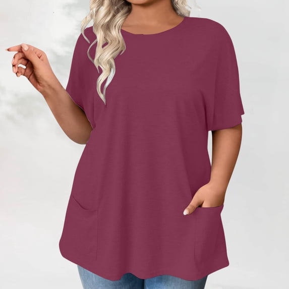Sweet Home Farm Short Sleeve Shirts for Women Plus Size Tops Summer Petal Casual Tshirts Tunic Blouses T Shirts for Women Wine
