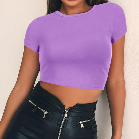 Sweet Home Farm Short Sleeve Shirts for Women Round Neck Summer Solid Color T Shirt T Shirts for Women Purple