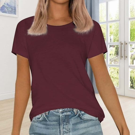 Sweet Home Farm Short Sleeve Shirts for Women Round Neck Summer Top Fashion Basic Tee T Shirts for Women Wine
