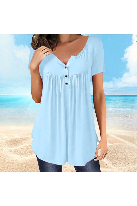 Short Sleeve Shirts for Women Solid Color T Shirt With Patchwork Button Casual Top T Shirts for Women Light Blue