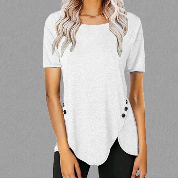 Sweet Home Farm Short Sleeve Shirts for Women Spring Round Neck Irregular Curved Splicing With Loose Casual T Shirt T Shirts for Women White
