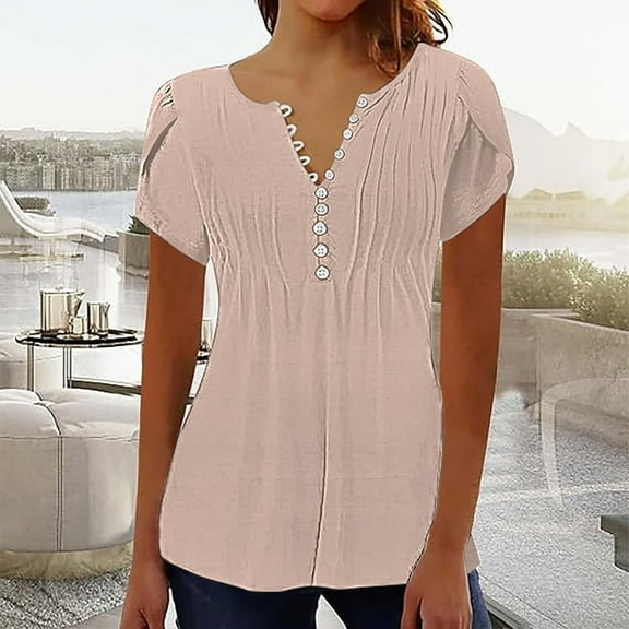 Sweet Home Farm Short Sleeve Shirts for Women Tops 2025 Spring Neck Casual Print Tunic T T Shirts for Women Beige