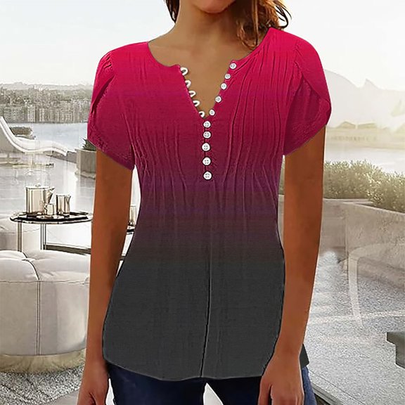 Sweet Home Farm Short Sleeve Shirts for Women Tops 2025 Spring Neck Casual Print Tunic T T Shirts for Women Hot Pink