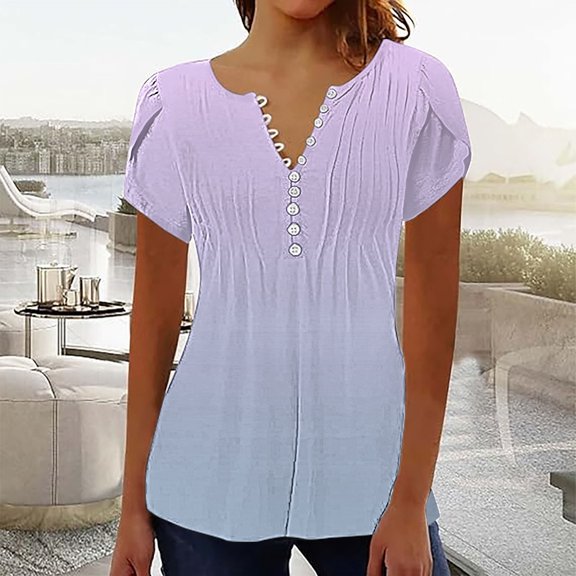 Sweet Home Farm Short Sleeve Shirts for Women Tops 2025 Spring Neck Casual Print Tunic T T Shirts for Women Purple